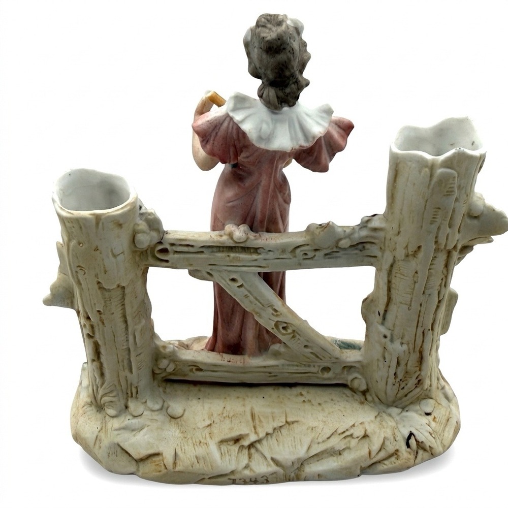 Antique German Bisque Lute Player Figurine Double Spill Vase Grape Vines c.1900 - Picture 5 of 6